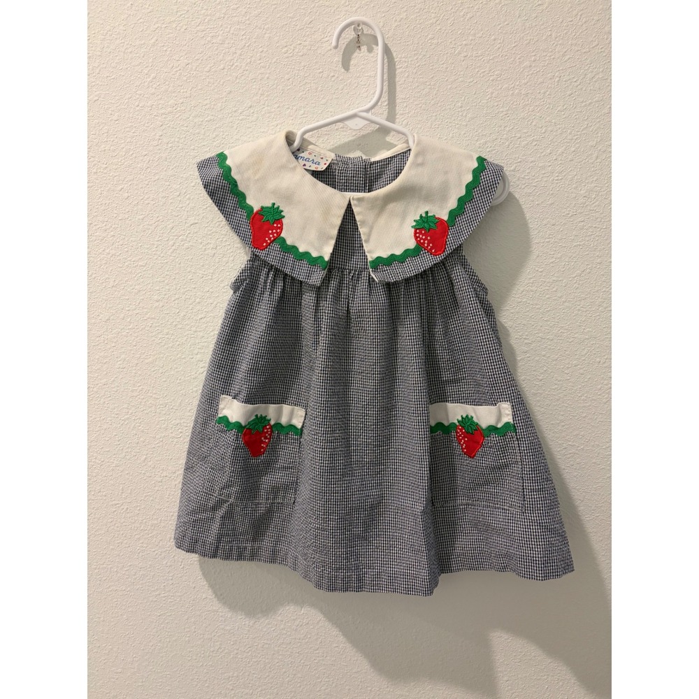 Vintage Samara Navy Gingham Strawberry Embroidered Peter Pan Collar Dress Kids